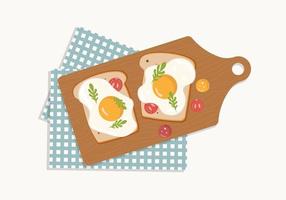 Lebensmittel. einfaches frühstück, toast mit ei, granatapfel und rucola. vektorillustration für banner, flyer, cover, werbung, menü, poster. vektor
