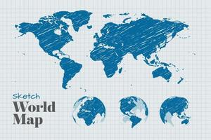 Skizzieren Sie Weltkarte und Erdkugeln, die alle Kontinente zeigen. Vektorillustrationsvorlage für Webdesign, Jahresberichte, Infografiken, Geschäftspräsentation, Marketing, Reisen und Tourismus, Bildung. vektor