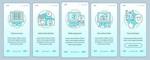 Kino Onboarding Mobile App Seite Bildschirm Vektorvorlage. 3D-Filmkartenzahlung. Film Premiere Veranstaltung. Walkthrough-Website-Schritte mit linearen Illustrationen. ux, ui, gui smartphone-schnittstellenkonzept vektor