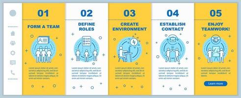 samarbete och interaktion onboarding mobil app sida skärm vektor mall. definiera roller, bilda ett team genomgående webbplatssteg med linjära illustrationer. ux, ui, gui smartphone gränssnitt koncept