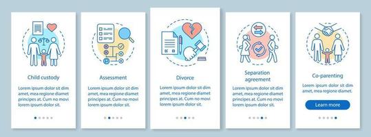 Kinderschutz beim Onboarding auf der Seite der mobilen App mit linearen Konzepten. Scheidung, Trennungsvereinbarung, Co-Elternschaft Walkthrough Steps Grafische Anweisungen. ux, ui, gui-vektorvorlage mit illustrationen vektor