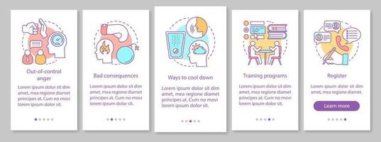 Aggressionsmanagement beim Onboarding der mobilen App-Seitenbildschirm-Vektorvorlage. Entspannung. Emotionskontrolle. Rücksprache mit Psychologen. Walkthrough-Website-Schritte. ux, ui, gui-smartphone-schnittstelle vektor
