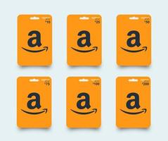 amazon presentkort set. orange realistiska amazon presentkort med skugga set 10, 25, 50, 75, 100, 200. isolerade plast presentkort på vit bakgrund. vektor