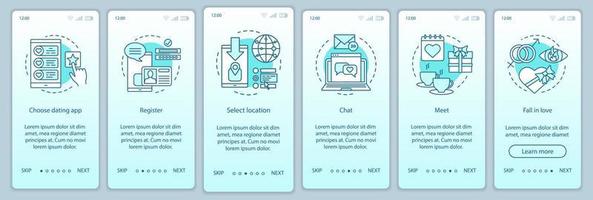 Online-Dating-Onboarding für mobile App-Seitenbildschirmvektorvorlage. wählen, registrieren, chatten, treffen, sich verlieben Website-Anleitung mit linearen Illustrationen. ux, ui, gui Smartphone-Schnittstellenkonzept vektor