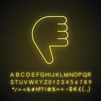 Daumen nach unten Emoji-Neonlicht-Symbol. Missbilligung, Abneigung gegen Handgesten. Nein, schlechtes Gestikulieren. leuchtendes zeichen mit alphabet, zahlen und symbolen. vektor isolierte illustration