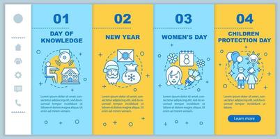 saisonale Feiertage beim Onboarding mobiler Webseiten Vektorvorlage. reaktionsschnelle smartphone-schnittstellenidee mit linearen illustrationen. zurück zur schule, 8. märz webpage walkthrough step screens. Farbkonzept vektor