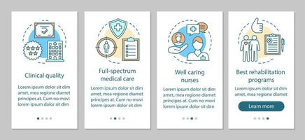 medicinsk service fördelar onboarding mobil app sida skärm vektor mall. kvalitetsbehandling och vård. genomgång av webbplatssteg med linjära illustrationer. ux, ui, gui smartphone gränssnitt koncept