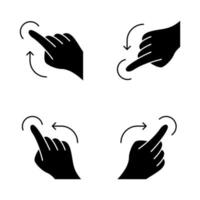 Touchscreen-Gesten-Glyphen-Symbole gesetzt. nach links streichen, nach rechts streichen und gestikulieren. Streichen Sie nach oben und unten, berühren Sie die Geste. menschliche Finger. Silhouettensymbole. vektor isolierte illustration
