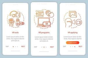 virtuell verklighet tech onboarding mobil app sidskärm med linjära koncept. vr-enheter, programvara, tillämpar genomgångssteg grafiska instruktioner. ux, ui, gui vektormall med illustrationer.. vektor