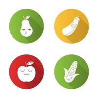 frukt och grönsaker söt kawaii platt design lång skugga glyph teckenuppsättning. äpple med leende ansikte. allvarliga päron, skrattande aubergine. rolig emoji, uttryckssymbol. vektor isolerade siluett illustration