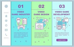 Videospielbranche beim Onboarding mobiler Webseiten Vektorvorlage. reaktionsschnelle smartphone-website-schnittstellenidee mit linearen illustrationen. Webseiten-Walkthrough-Schrittbildschirme. Farbkonzept vektor