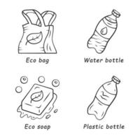 Zero Waste Swaps handgefertigte lineare Symbole gesetzt. umweltfreundliche, wiederverwendbare Materialien. Plastikwasserflasche, Öko-Seife, Tasche. dünne Linienkontursymbole. isolierte vektorumrissillustrationen. editierbarer Strich vektor