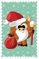 weihnachtskarte mit niedlichem cartoon-stier santa vektor