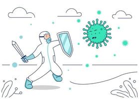 vektorillustration corona-virus-kampf, arzt-hazmat-anzug mit kriegerschwert und schildkampf gegen covid-coronavirus-illustration vektor