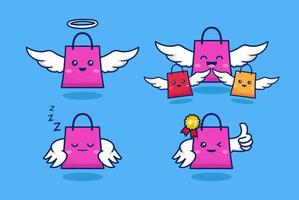 fliegende einkaufstasche mit engelsflügel charakter vektor cartoon online shop store service maskottchen konzept illustration set