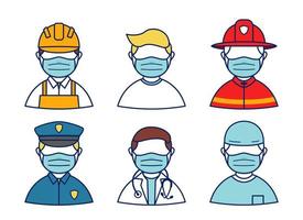 menschen tragen maskenschutz vor koronavirus avatar charakter berufssatz, polizei, arzt, feuerwehrmann, chirurgie vektor