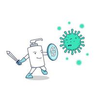 handdesinfektionsmedel tvålflaska bekämpa covid corona virus bakterier vektor koncept illustration med svärd och sköld, kamp mot covid-19 virus pandemi med tvål