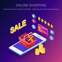 Online-Shopping-Konzept. Kaufen Sie im Einzelhandel über das Internet. Rabattverkauf. isometrisches telefon mit korb. Vektordesign vektor