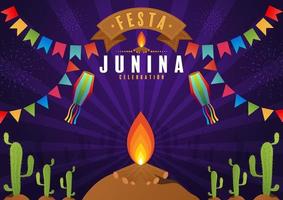 festa junina plakat juni-festival. folklore urlaub gitarre akkordeon kaktus sommer sonnenblume lagerfeuer. vektor