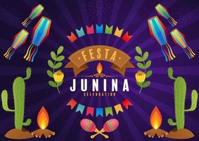 festa junina plakat juni-festival. folklore urlaub gitarre akkordeon kaktus sommer sonnenblume lagerfeuer. vektor