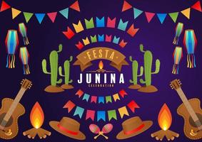 festa junina plakat juni-festival. folklore urlaub gitarre akkordeon kaktus sommer sonnenblume lagerfeuer. vektor