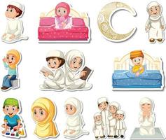 aufkleberset mit islamischen religiösen symbolen und zeichentrickfiguren vektor