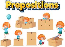 preposition ordkort design med flicka och lådor vektor