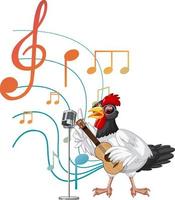 Huhn spielt Gitarre und singt mit Musiknoten auf weißem Hintergrund