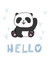 söt liten panda med text hej. baby djur illustration för barn. doodle hjärtan bakgrund isolerade. vektor