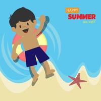 trevlig sommarlov. en pojke ligger på en boj på stranden. lämplig för sommarevenemang vektor