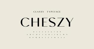 eleganta och lyxiga alfabetet teckensnitt och nummer. serif klassiska eleganta bokstäver minimal modedesign. typografitypsnitt vanliga versaler. vektor illustration