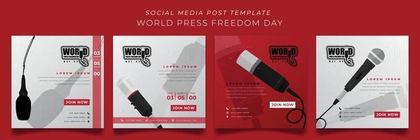 satz von social-media-vorlagen mit mikrofon für den welttag der pressefreiheit auf weiß-rotem hintergrund vektor