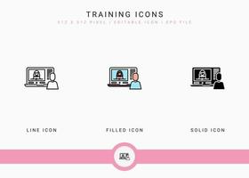 Trainingssymbole setzen Vektorillustration mit solidem Symbollinienstil. Online-Video-Webinar-Konzept. editierbares Strichsymbol auf isoliertem Hintergrund für Webdesign, Benutzeroberfläche und mobile App vektor