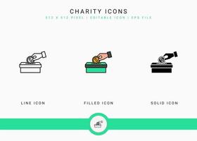 Wohltätigkeitssymbole setzen Vektorillustration mit solidem Symbollinienstil. wohltätiges rückgabekonzept. editierbares Strichsymbol auf isoliertem Hintergrund für Webdesign, Infografik und ui mobile App. vektor