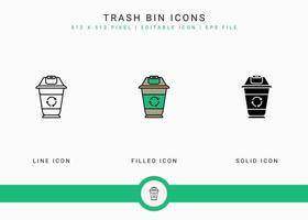 Mülleimer-Symbole setzen Vektorillustration mit solidem Symbollinienstil. Recycling-Müllkorb-Konzept. editierbares Strichsymbol auf isoliertem Hintergrund für Webdesign, Benutzeroberfläche und mobile Anwendung vektor