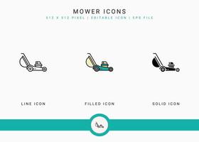Mähsymbole setzen Vektorillustration mit solidem Symbollinienstil. Pflanzengarten-Landwirtschaftskonzept. editierbares Strichsymbol auf isoliertem Hintergrund für Webdesign, Benutzeroberfläche und mobile App vektor