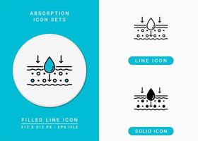 Absorptionssymbole setzen Vektorillustration mit solidem Symbollinienstil. Tropfenwasseremulsionskonzept. editierbares Strichsymbol auf isoliertem Hintergrund für Webdesign, Infografik und ui mobile App.