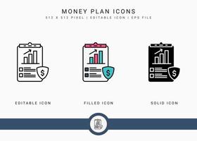 Geldplanikonen stellten Vektorillustration mit Ikonenlinienart ein. Pensionskassenkonzept. editierbares Strichsymbol auf isoliertem weißem Hintergrund für Webdesign, Benutzeroberfläche und mobile Anwendung vektor