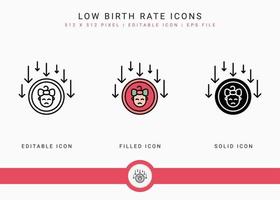 Symbole für niedrige Geburtenrate setzen Vektorillustration mit solidem Symbollinienstil. Verlust Geburtenrate Bevölkerungskonzept. editierbares Strichsymbol auf isoliertem Hintergrund für Webdesign, Infografik und ui mobile App. vektor