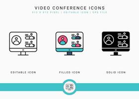 Videokonferenzsymbole setzen Vektorillustration mit solidem Symbollinienstil. Online-Kommunikationskonzept. editierbares Strichsymbol auf isoliertem Hintergrund für Webdesign, Infografik und ui mobile App.