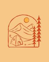 Camping- und Bergblick in Mono-Line-Art-Vektor, Abzeichen-Illustration, T-Shirt-Design, T-Shirt-Design