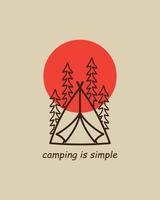 Camping ist einfaches Vektordesign, Mono-Line-Art-Design, T-Shirt-Design, T-Shirt-Design vektor