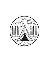 camping tält och träd vild linje badge patch pin grafisk illustration vektor konst t-shirt design