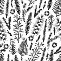 nahtloses muster mit weihnachtsbaum und tannenzweigen, handgezeichnete vektorillustration, winterurlaubshintergrund vektor