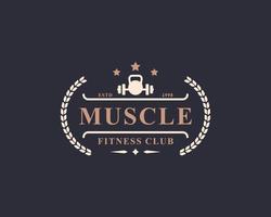 Vintage-Retro-Abzeichen Fitness-Center und Sport-Fitness-Logos typografisch mit Schildern und Silhouetten von Sportgeräten vektor