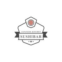 vintage retro märke sushi restaurang logotyper japansk mat med sushi lax rullar silhuetter vektor