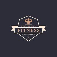 vintage retro märke fitnesscenter och sport gym logotyper typografiska med sport utrustning tecken och silhuetter vektor