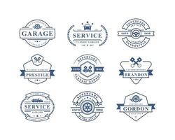 Satz von Vintage-Retro-Abzeichen-Auto-Logo-Emblem. Oldtimer-Reparaturen, Reifenservice-Silhouetten