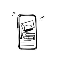 handritad doodle mobil examen hatt och bok koncept för utbildning symbol ikon illustration vektor