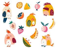 papegojor och tropiska frukter set. exotiska fåglar. perfekt för barnkort, utskrifter och gratulationskort. isolerade vektor clip art illustration.
